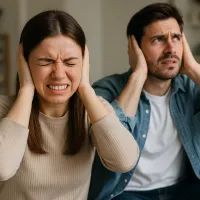 Молодая пара сидит на диване, закрывая уши и морщась от громкого шума