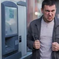 Мужчина, злость, банкомат
