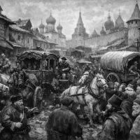 Чёрно-белая Москва, кареты, глухая давка.