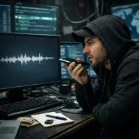 Мошенник с телефоном у компьютера