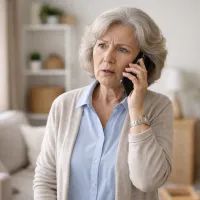 Пенсионерка разговаривает по телефону