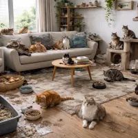 Много кошек, беспорядок в квартире