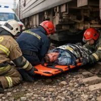 Спасатели выносят пострадавшего к скорой