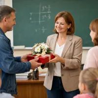 Родители учеников дарят подарок учителю 