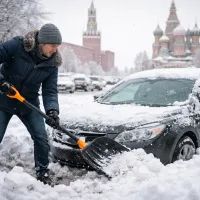Мужчина раскапывает машину в снегу