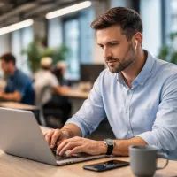 Человек работает за компьютером в офисе