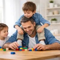 Отец играет с детьми дома