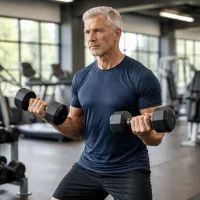 Мужчина тренируется с гантелями