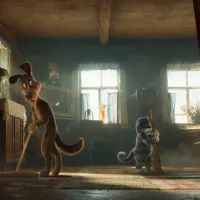 Мультяшные персонажи убирают старый дом