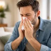 Мужчина сморкается в бумажную салфетку