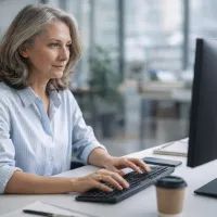 Пожилая женщина работает за компьютером