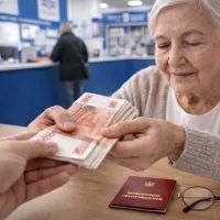 Пожилая женщина получает пенсию 
