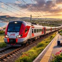 Поезд у моря на закате