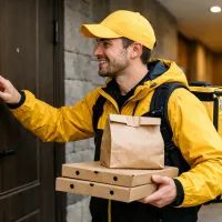 Доставщик еды у двери квартиры