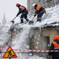Рабочие на крыше очищают снег в Москве