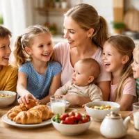 Семейный завтрак в яркой кухне