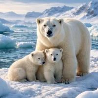 Мать- медведица с медвежатами на льду