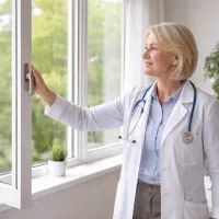 Врач в светлом кабинете открывает окно