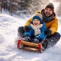 Отец и сын на санках в снегу