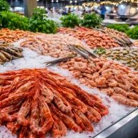 Свежие креветки на льду