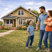 Семья у дома в саду