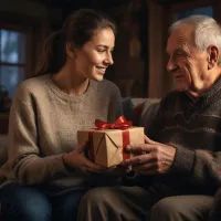 Женщина дарит подарок отцу
