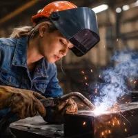 Женщина-сварщик в процессе работы