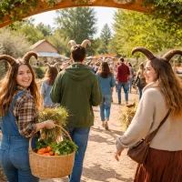 Посетители фермы в костюмах