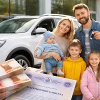 Семья у нового автомобиля с сертификатом