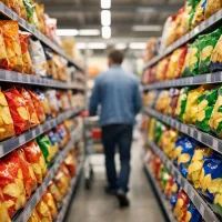 Полки с чипсами в супермаркете