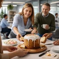 Коллеги и пасхальный кулич в офисе