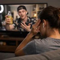 Женщина за просмотром видео в темной комнате