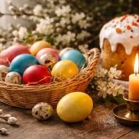 Пасхальная трапеза с куличом и яйцами