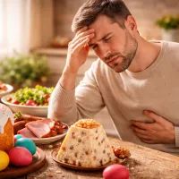 Мужчина за пасхальным столом в боли