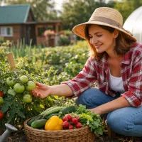 Женщина в саду с урожаем
