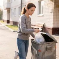 Женщина выносит мусор
