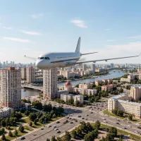 Самолет летит над городом