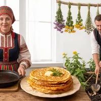 Женщина с блинами и мужчина в огороде