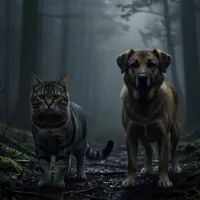 Кошка и собака в лесу