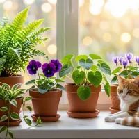Кот на подоконнике с цветами