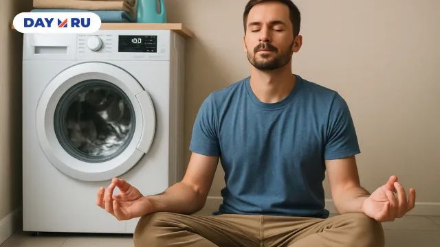 Мужик медитирует под стиральную машину