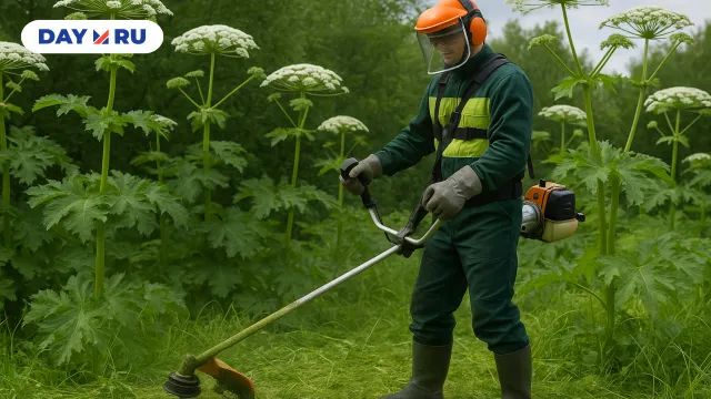 Экипировнный мужчина косит траву