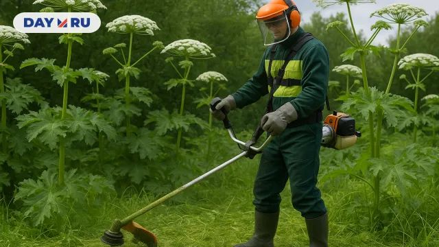 Экипировнный мужчина косит траву