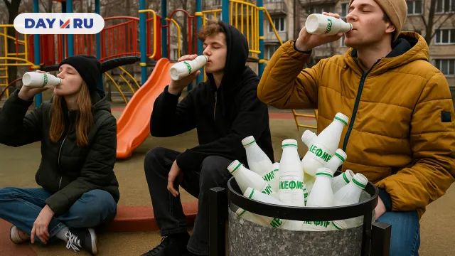 Употребление кефира на детской площадке