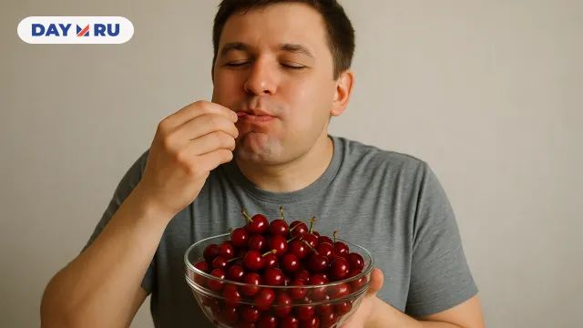 Мужчина ест много черешни