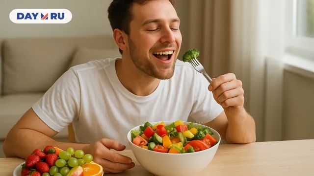 Человек ест овощи и фрукты