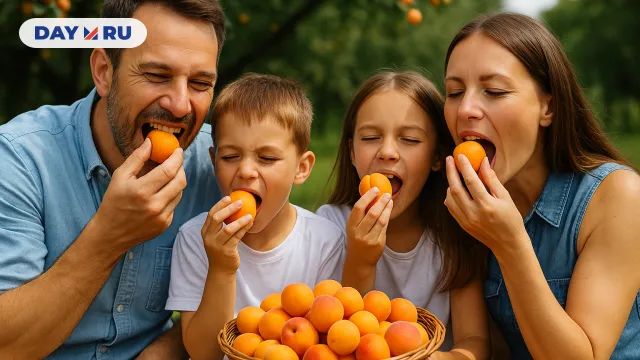 Семья кушает абрикосы