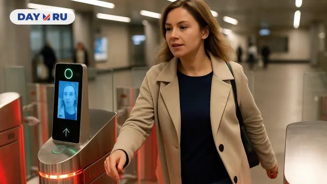 Женщина входит через турникет