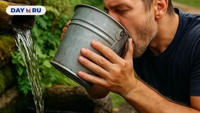 Человек пьет родниковую воду