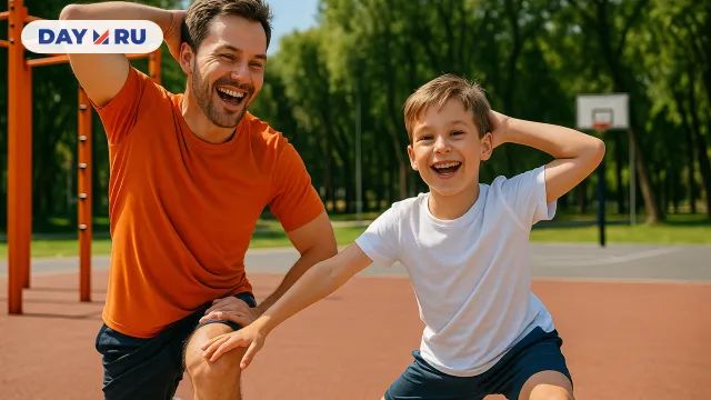 Отец и сын занимаются спортом